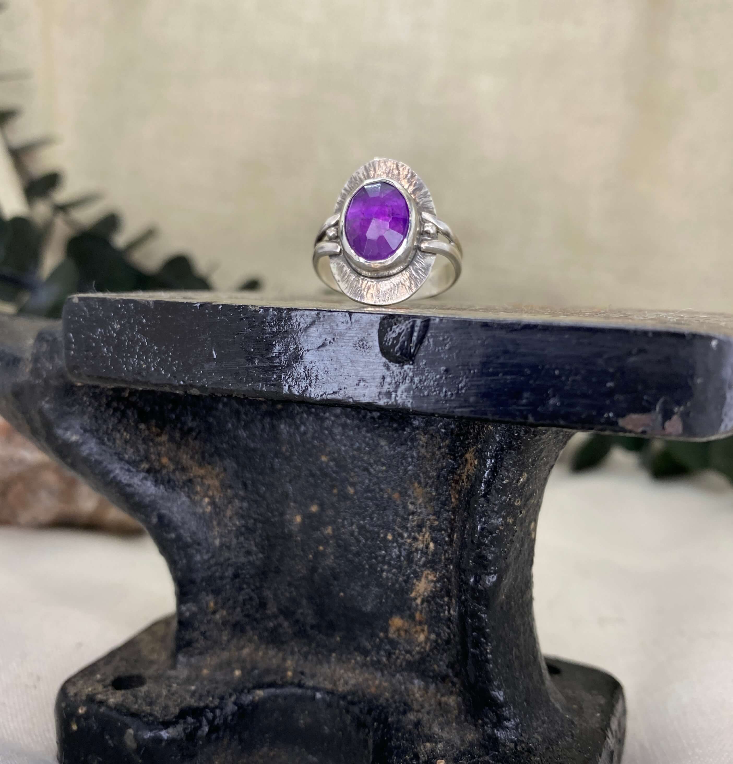 Rose Cut Amethyst in Sterling Silver Ring front view angle