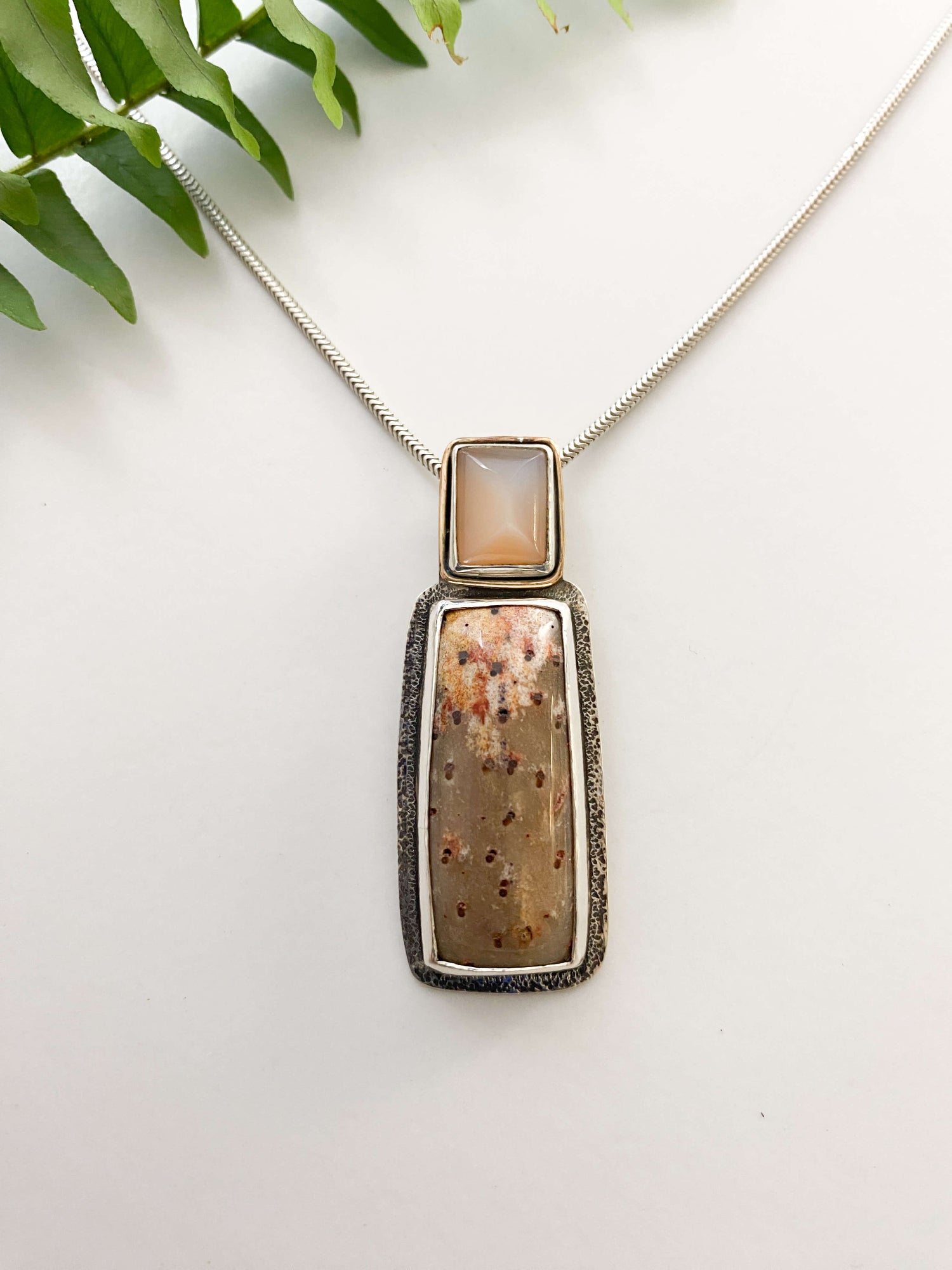 petrified palmwood orange moonstone pendant in sterling silver with gold filled accent - front view