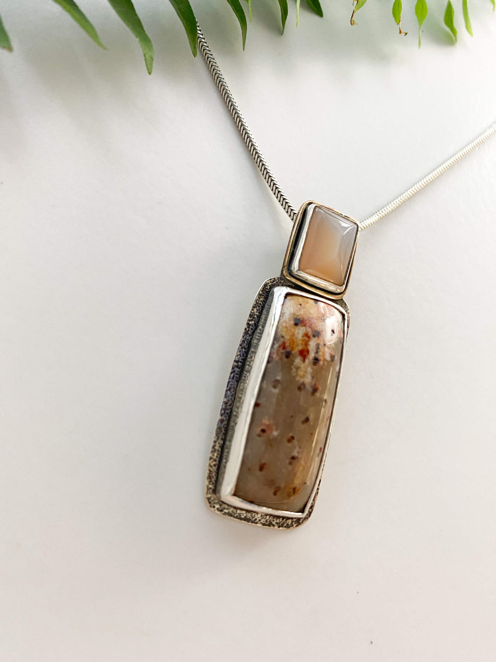 petrified palmwood orange moonstone pendant in sterling silver with gold filled accent - right side view