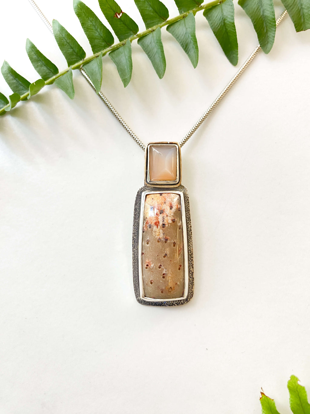 petrified palmwood orange moonstone pendant in sterling silver with gold filled accent - detail view