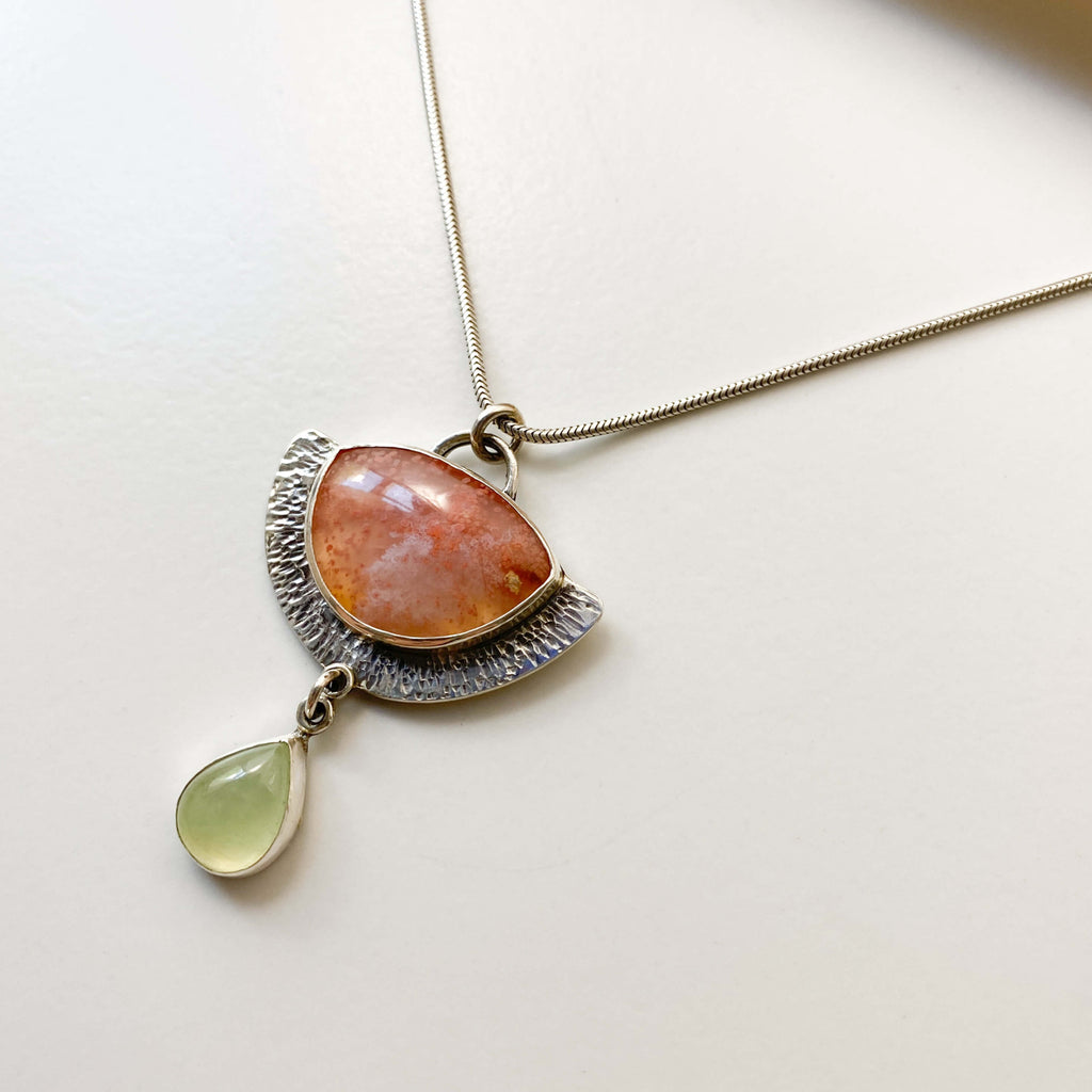 strawberry agate prehnite set in sterling silver - left side view