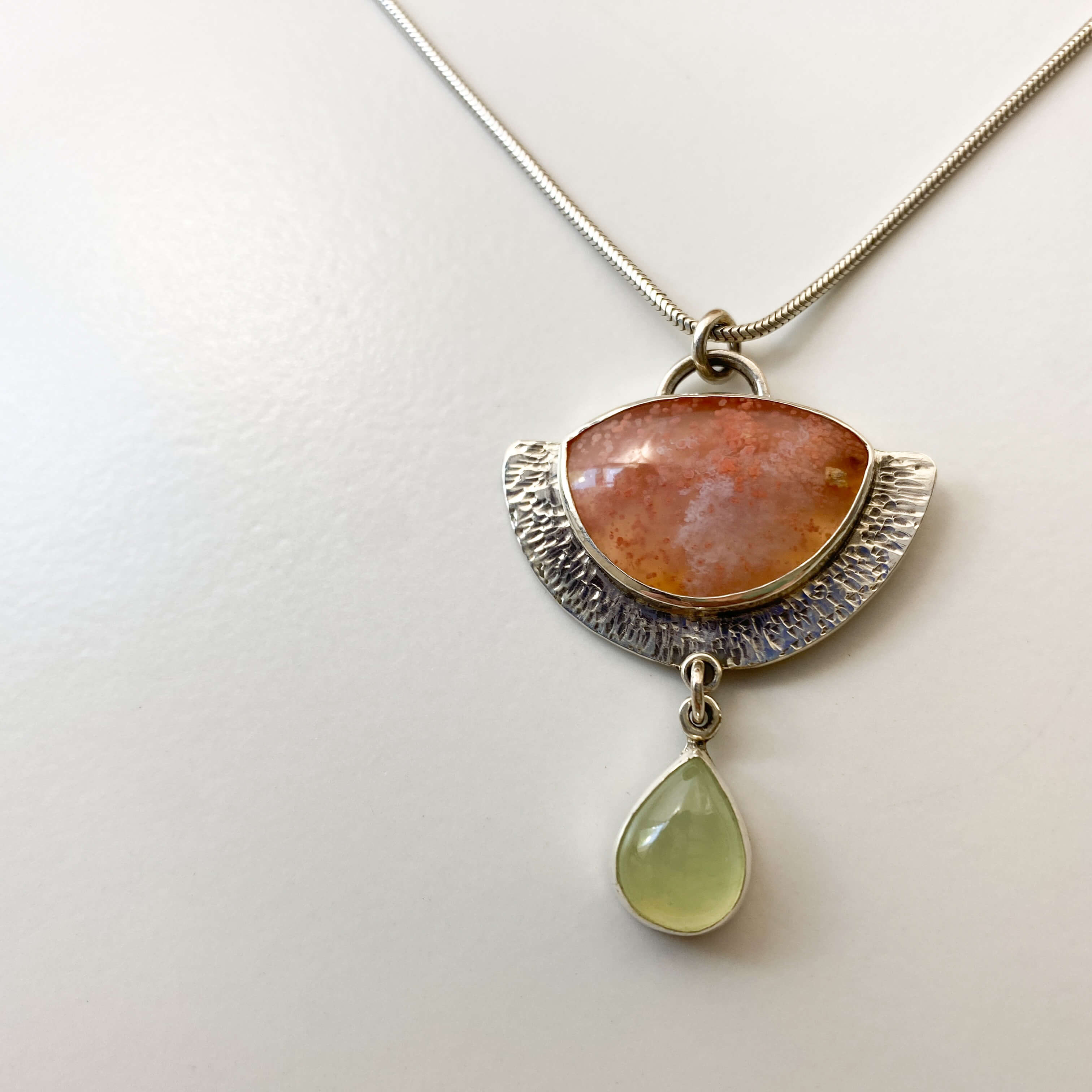 strawberry agate prehnite set in sterling silver - front detail offset view