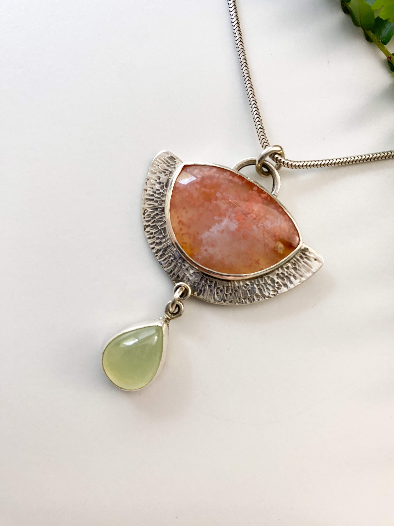 strawberry agate prehnite set in sterling silver - front detail view